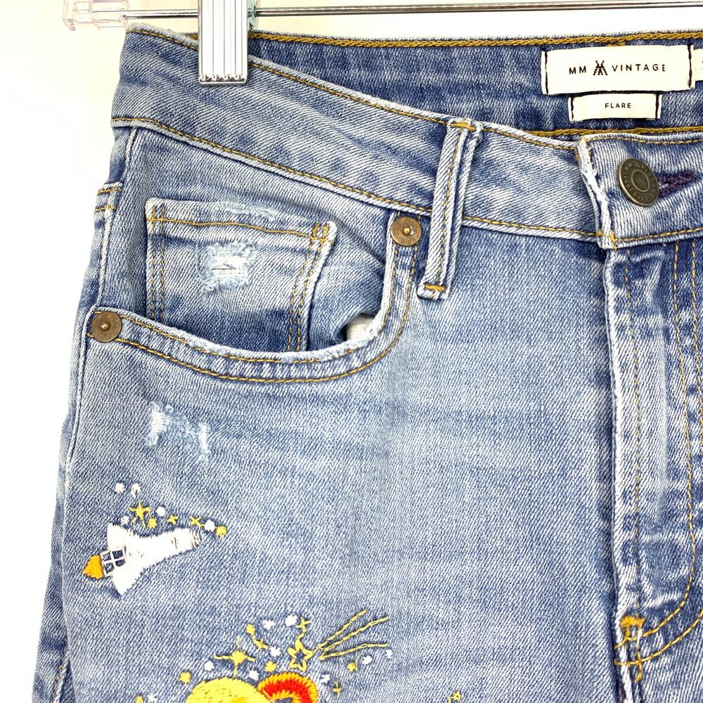 MM Vintage Jeans Women's Sz 26 Distressed Flare Crop Mid Rise Blue Five Pockets - Picture 4 of 8